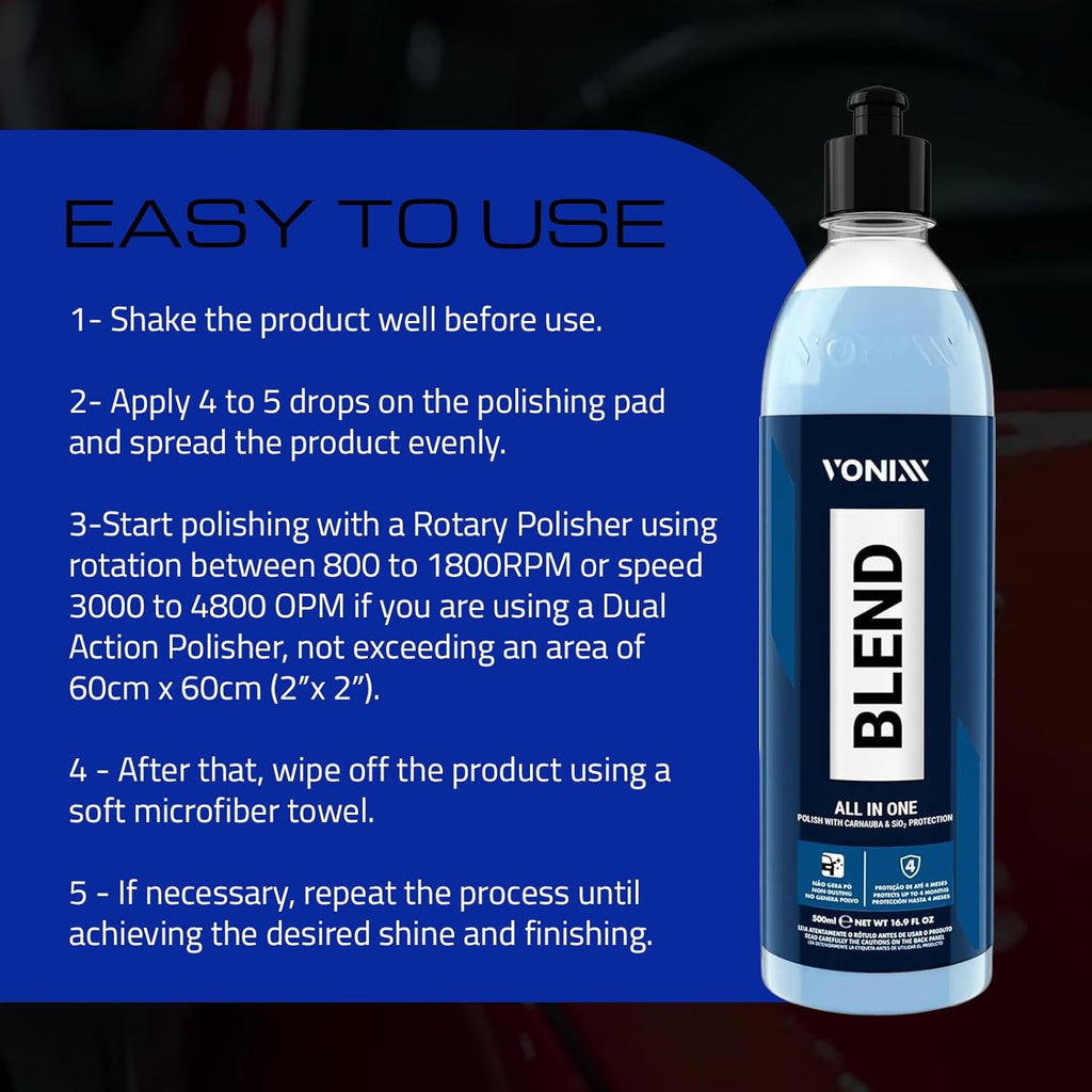 Blend todo en uno | Compuesto de pulido de un solo paso para un acabado impecable y una protección duradera | Brillo de carnauba y resistencia a la cerámica SiO2 | Hasta 4 meses | 17.8 onzas